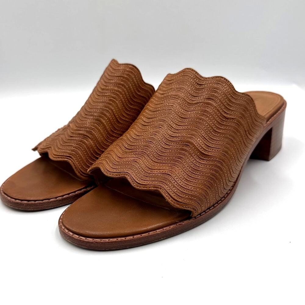 Frye Cindy Wave Mule Womens 8.5 Cognac Leather Scalloped Block Heel 70s Revival